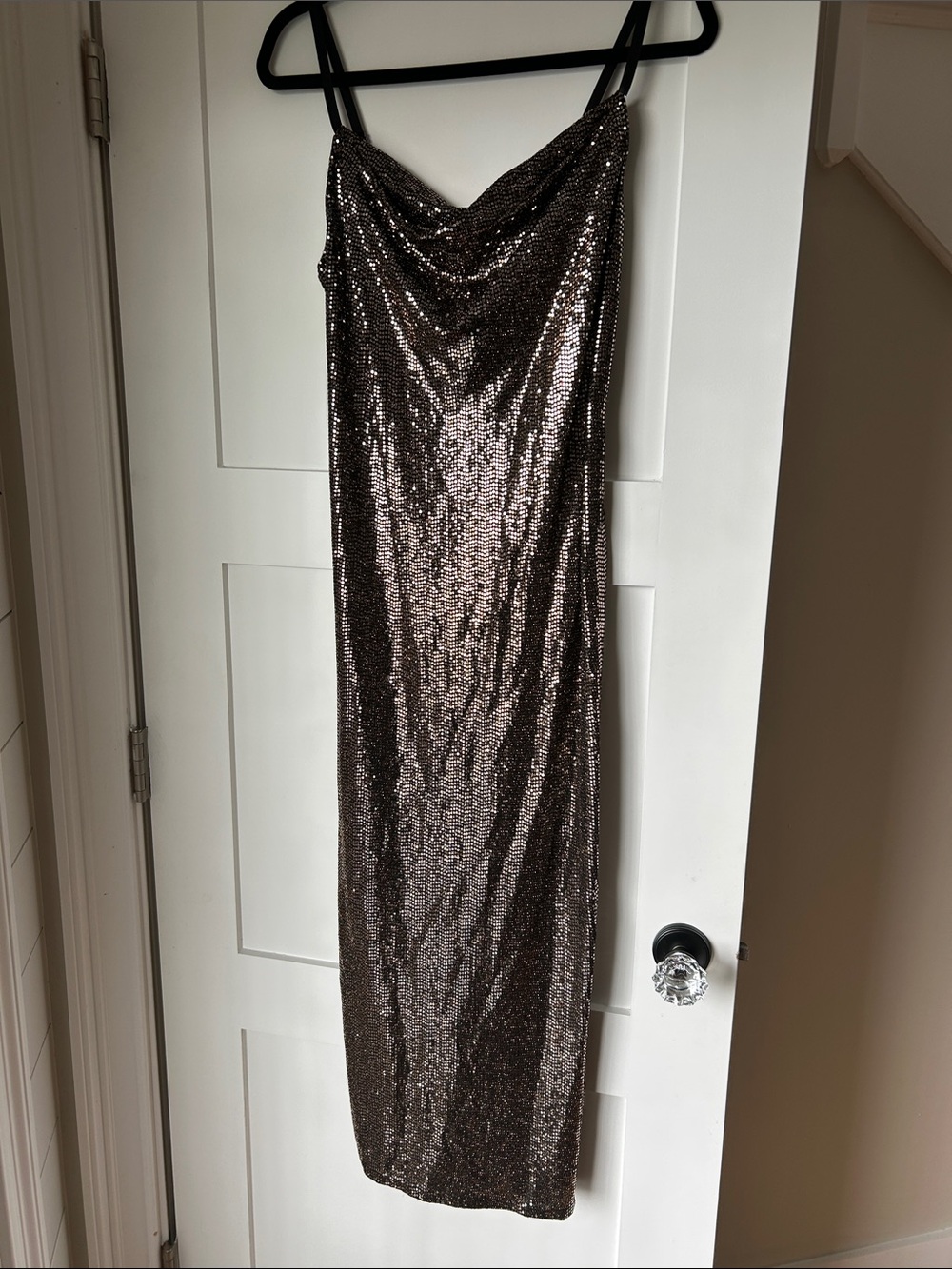 bebe Metallic Brown Sequin Cowl Neck Slip Dress